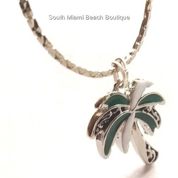 Palm Tree Necklace Silver Plated Island Beach Hawaii Nautical Enamel Coconut 18" - Picture 4 of 10